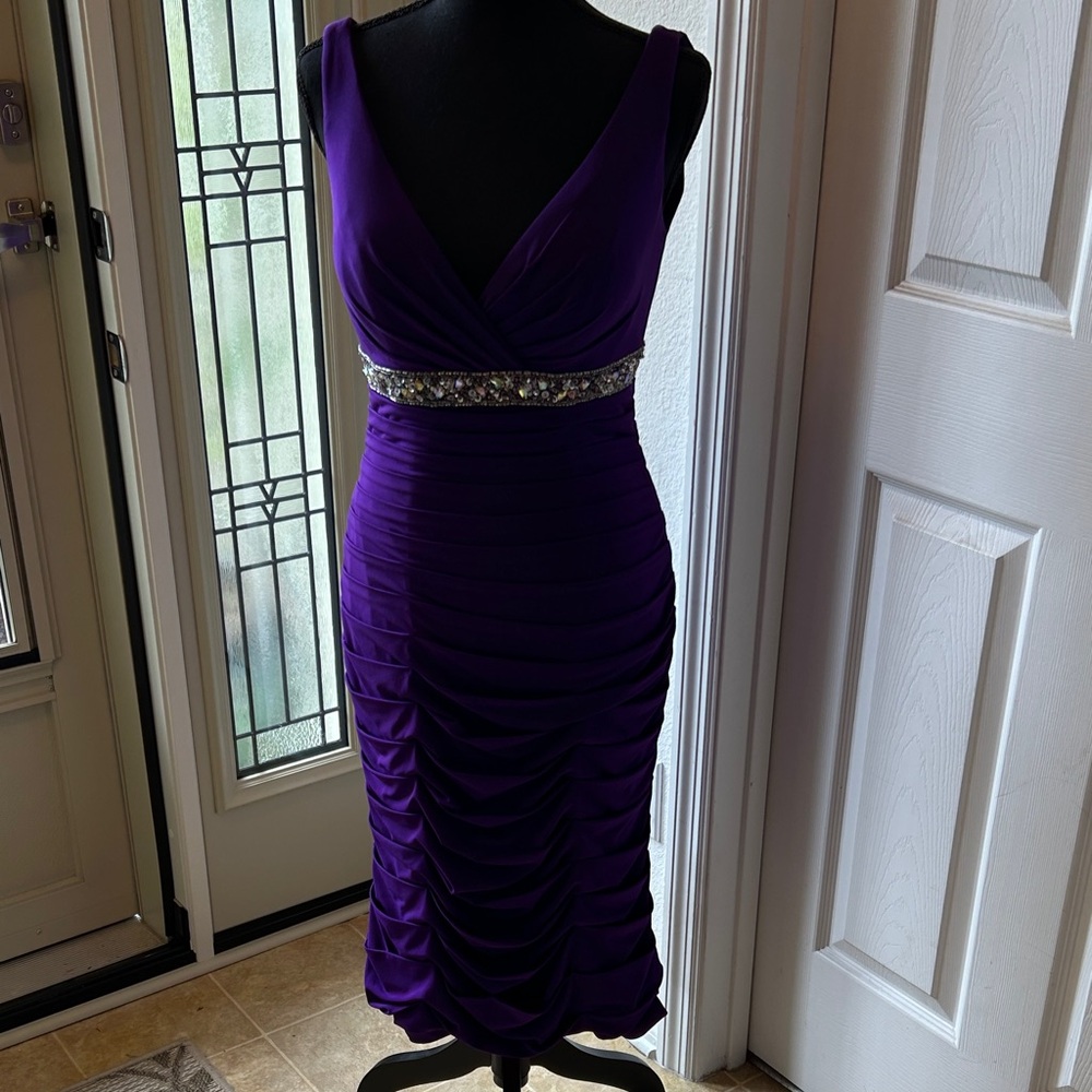 Source Unknown Jewel-Embellished Deep Purple V-Neck Ruched Midi Dress